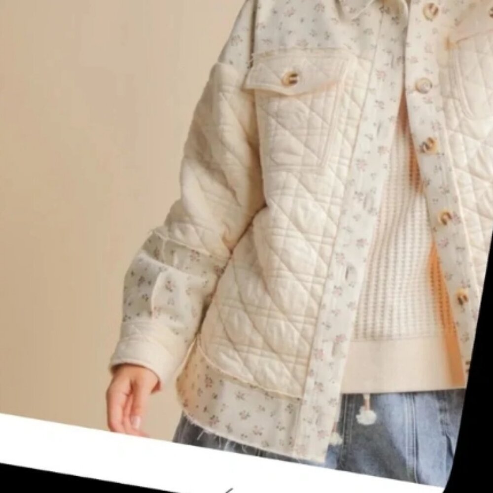 Cream Floral Trim Accent Quilted Long Sleeve Utility Jacket 1XL🆕⌚📦🏃💨🚚 - Picture 2 of 9
